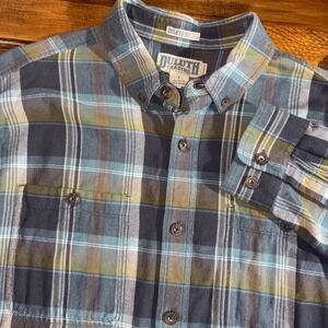 Duluth Trading Co Flannel Shirt Men's Large Blue Plaid Untucked Relaxed Long Slv